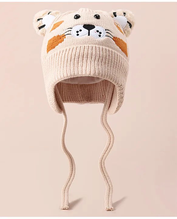 Babyhug Woollen Cap With Tiger Design - Beige